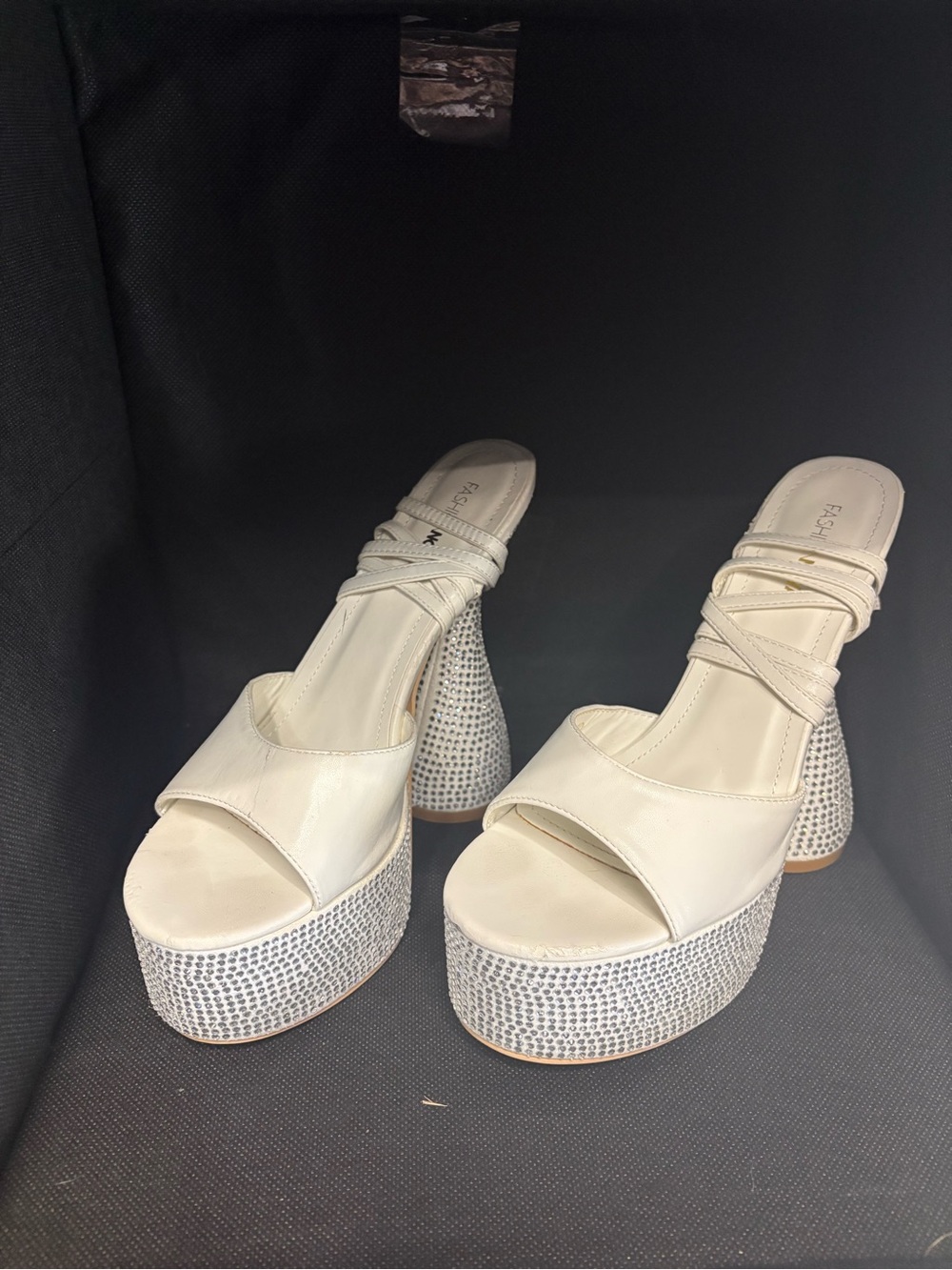 Fashion Nova Cream Rhinestone Platform Slide Sandals